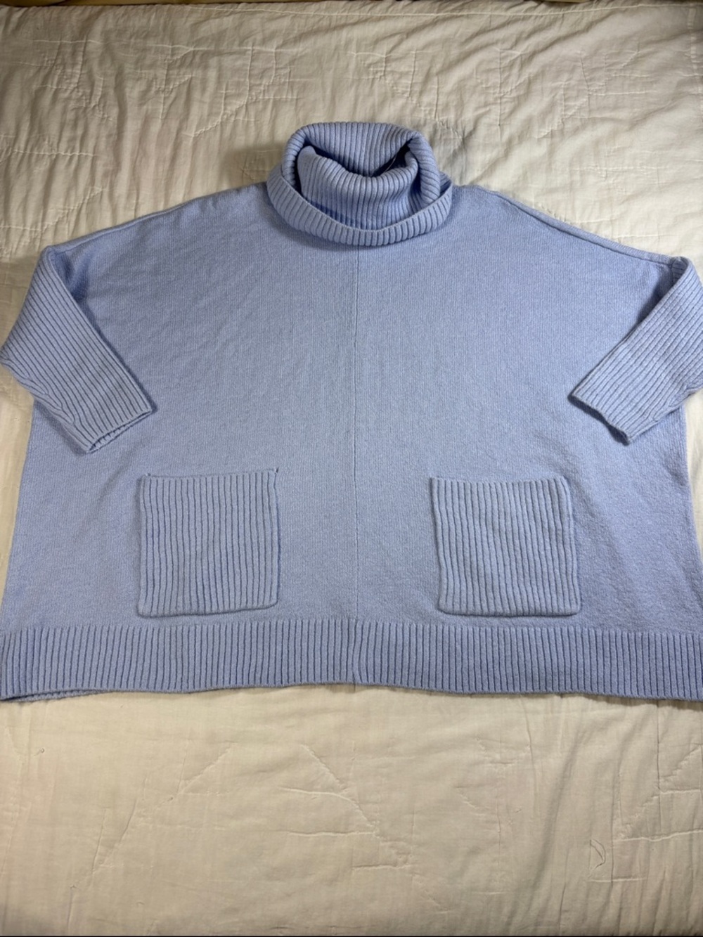 NWT LOFT Light Blue Textured Knit Oversized Tunic Cowl Neck Poncho Sweater Sz M